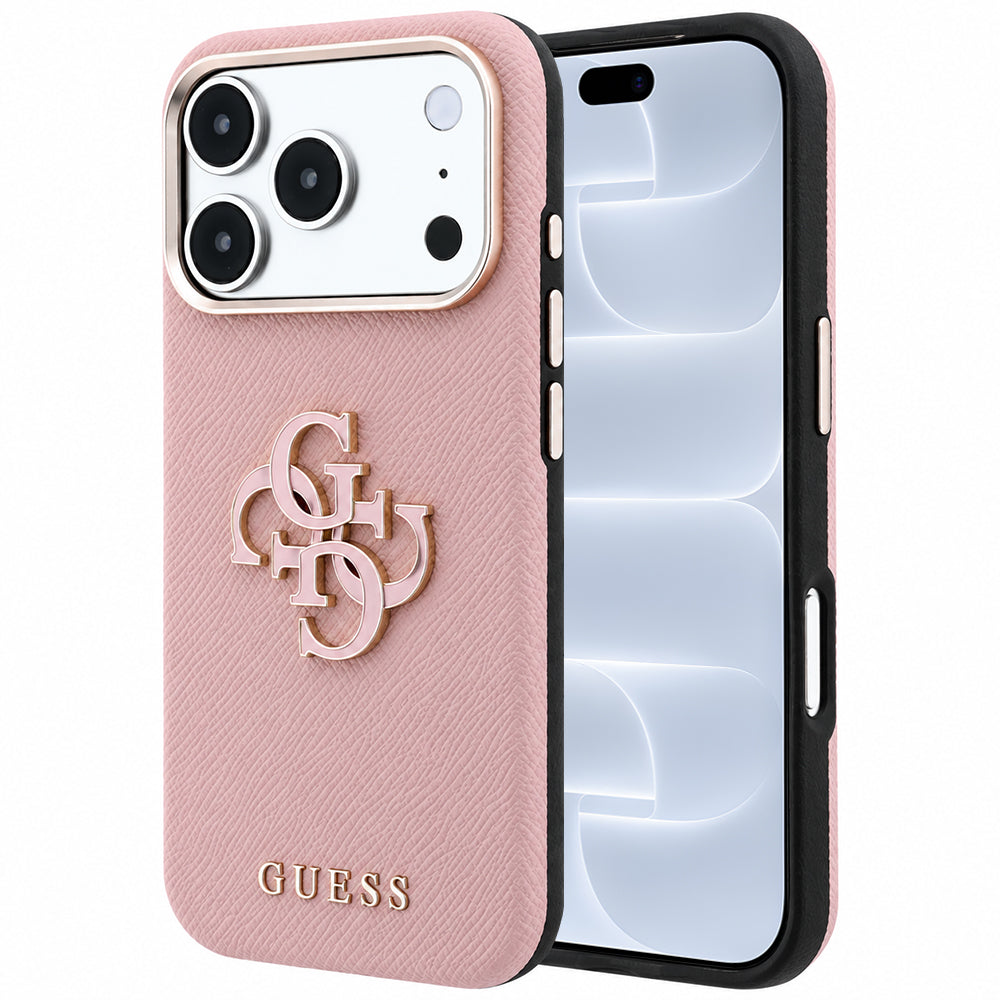 Capa Guess Grained Leather and Big Resin Logo - iPhone 17 Pro / 18 Pro - Rosa