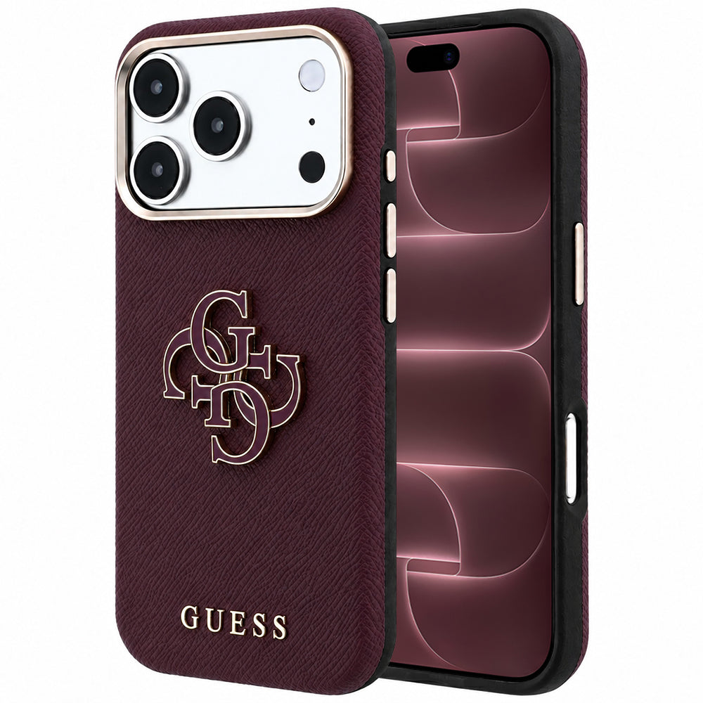 Capa Guess Grained Leather and Big Resin Logo - iPhone 17 Pro Max / 18 Pro Max - Bordeaux