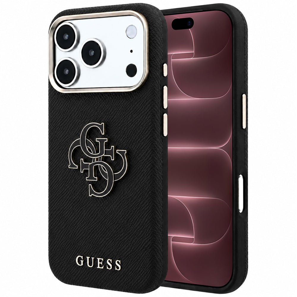 Capa Guess Grained Leather and Big Resin Logo - iPhone 17 Pro Max / 18 Pro Max - Preto