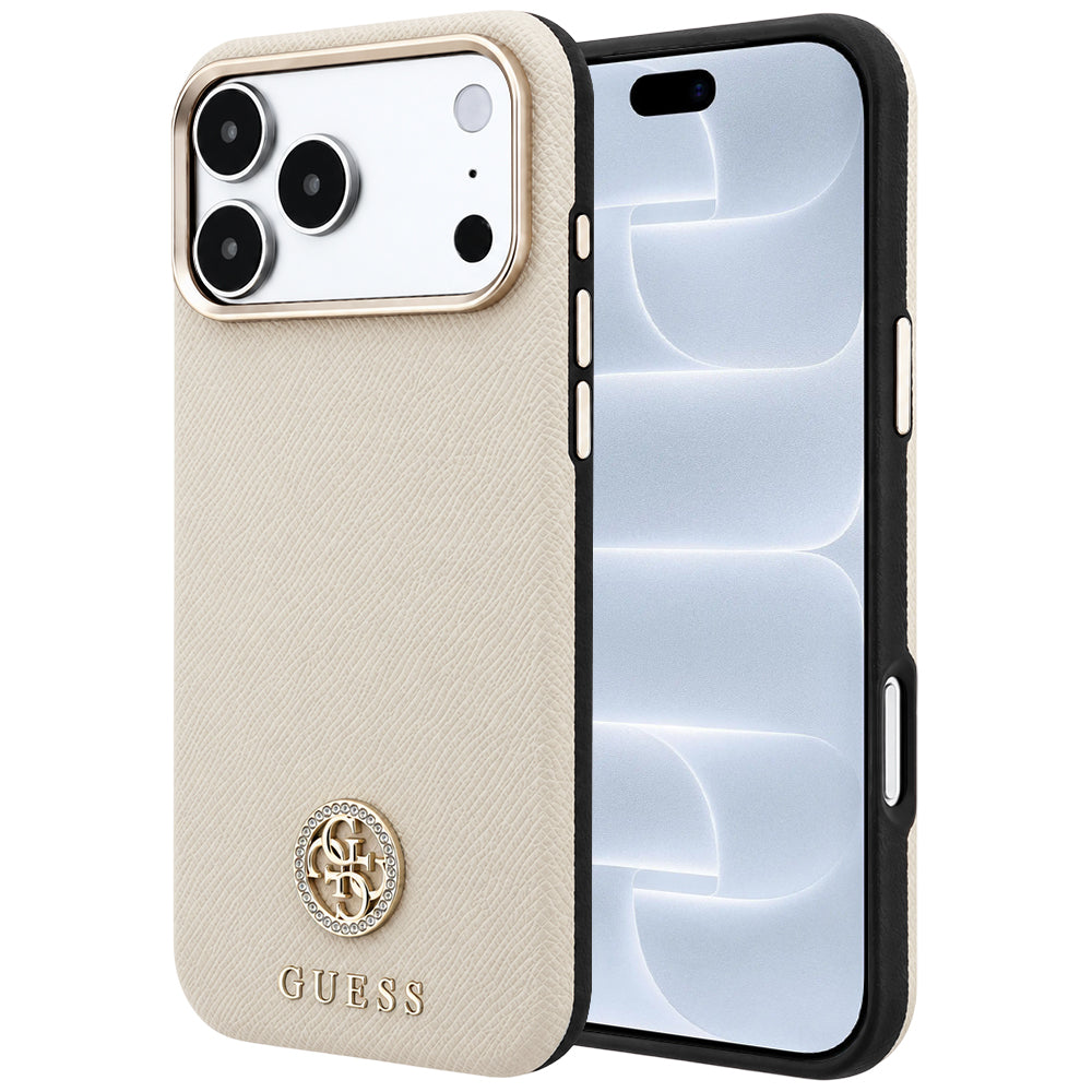 Capa Guess Grained Leather Round Strass Logo MagSafe - iPhone 17 Pro / 18 Pro - Bege