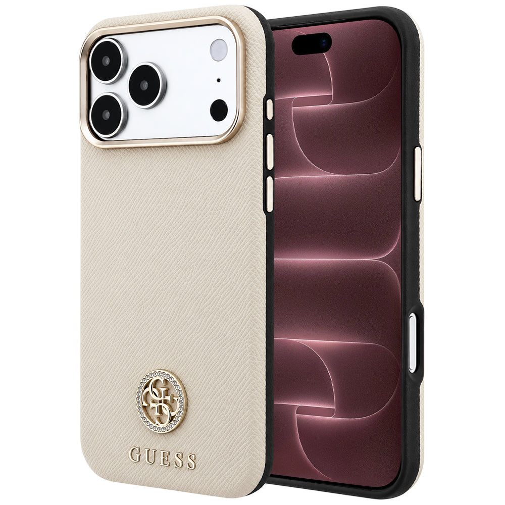 Capa Guess Grained Leather Round Strass Logo MagSafe - iPhone 17 Pro Max / 18 Pro Max - Bege