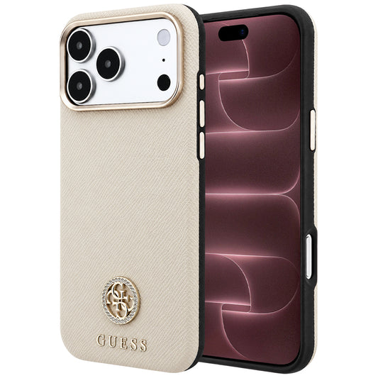 Capa Guess Grained Leather Round Strass Logo MagSafe - iPhone 17 Pro Max / 18 Pro Max - Bege