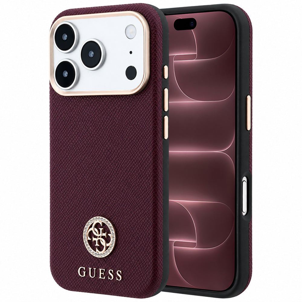 Capa Guess Grained Leather Round Strass Logo MagSafe - iPhone 17 Pro Max / 18 Pro Max - Bordeaux