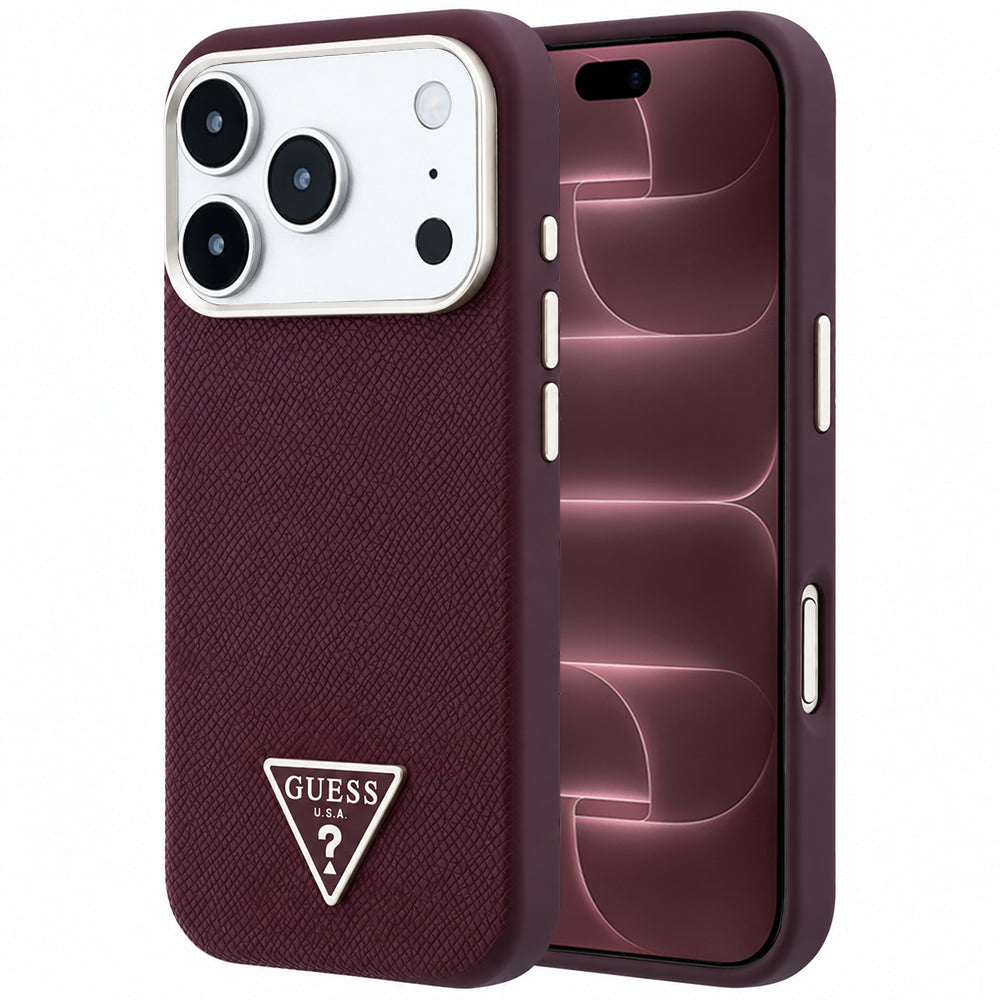 Capa Guess Grained Triangle Logo MagSafe - iPhone 17 Pro Max / 18 Pro Max - Bordeaux