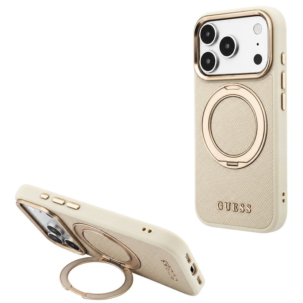 Capa Guess Grained Leather Ring Stand 360 Classic MagSafe - iPhone 17 Pro Max / 18 Pro Max - Bege