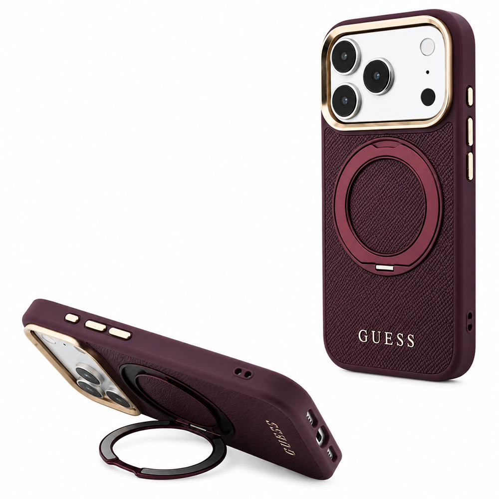 Capa Guess Grained Leather Ring Stand 360 Classic MagSafe - iPhone 17 Pro Max / 18 Pro Max - Bordeaux