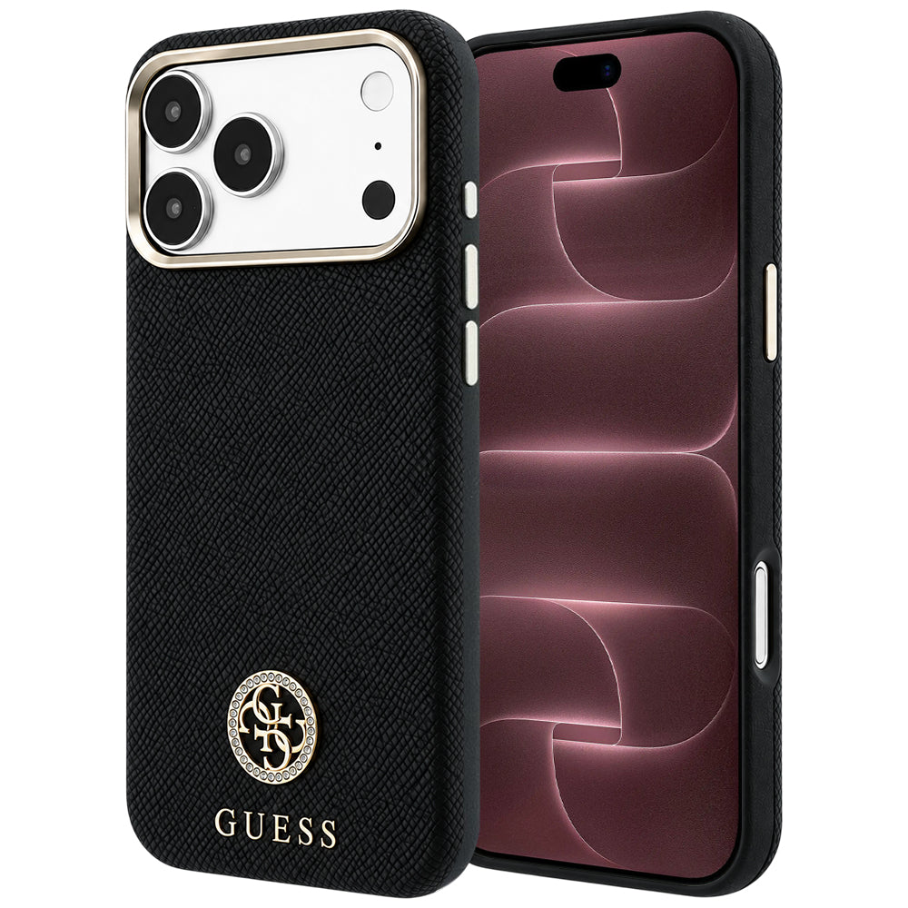 Capa Guess Grained Leather Round Strass Logo MagSafe - iPhone 17 Pro Max / 18 Pro Max - Preto