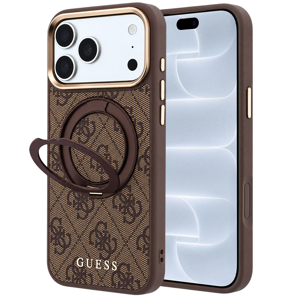 Capa Guess Ring Stand 360 4G Leather Classic Logo MagSafe - iPhone 17 Pro / 18 Pro - Castanho