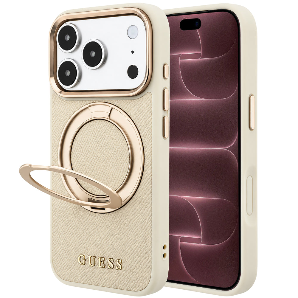 Capa Guess Grained Leather Ring Stand 360 Classic MagSafe - iPhone 17 Pro Max / 18 Pro Max - Bege