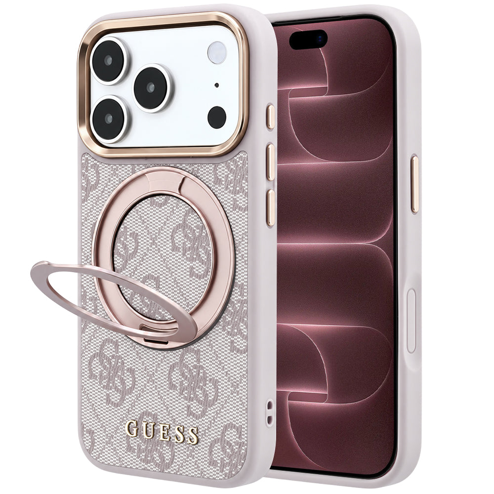 Capa Guess Ring Stand 360 4G Leather Classic Logo MagSafe - iPhone 17 Pro Max / 18 Pro Max - Rosa