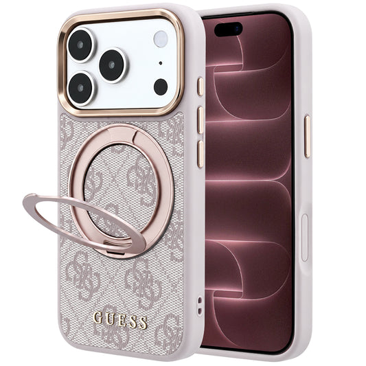 Capa Guess Ring Stand 360 4G Leather Classic Logo MagSafe - iPhone 17 Pro Max / 18 Pro Max - Rosa