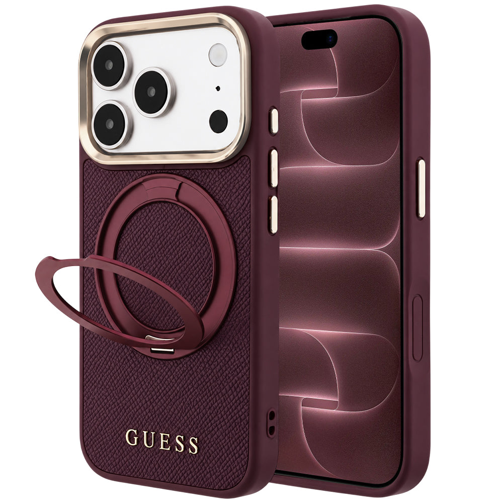 Capa Guess Grained Leather Ring Stand 360 Classic MagSafe - iPhone 17 Pro Max / 18 Pro Max - Bordeaux