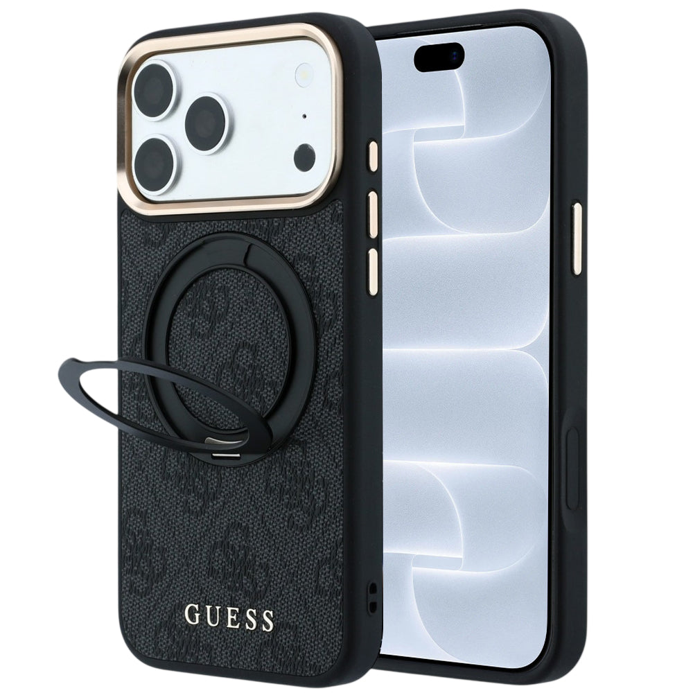 Capa Guess Ring Stand 360 4G Leather Classic Logo MagSafe - iPhone 17 Pro / 18 Pro - Preto