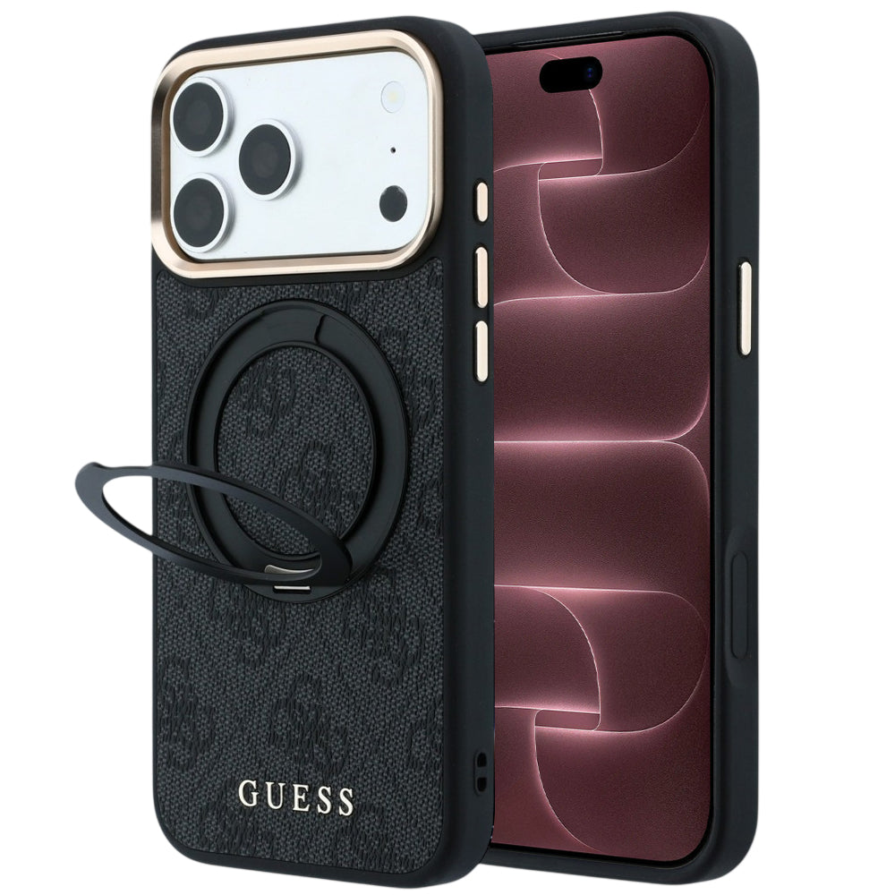 Capa Guess Ring Stand 360 4G Leather Classic Logo MagSafe - iPhone 17 Pro Max / 18 Pro Max - Preto