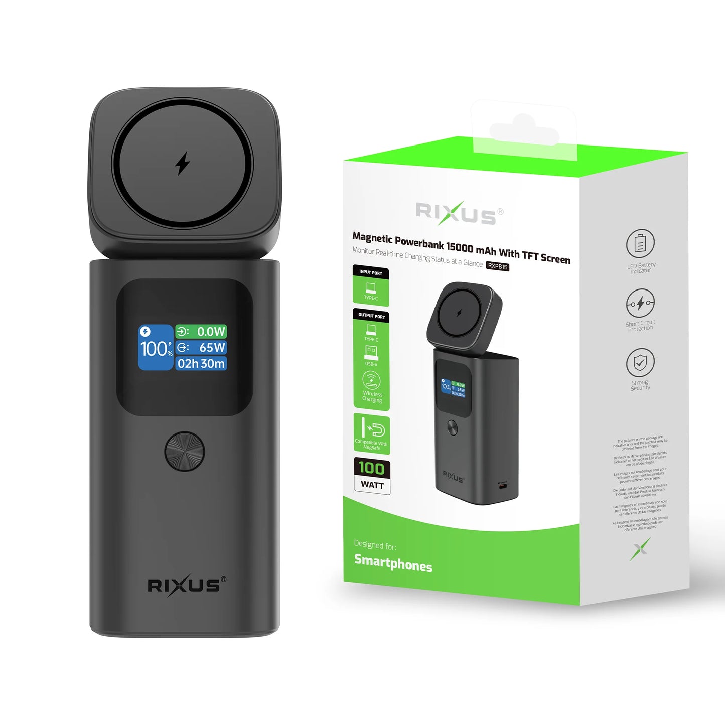Rixus RXPB15 Magnetic Powerbank With TFT Screen 15000mAh 100W Dark grey