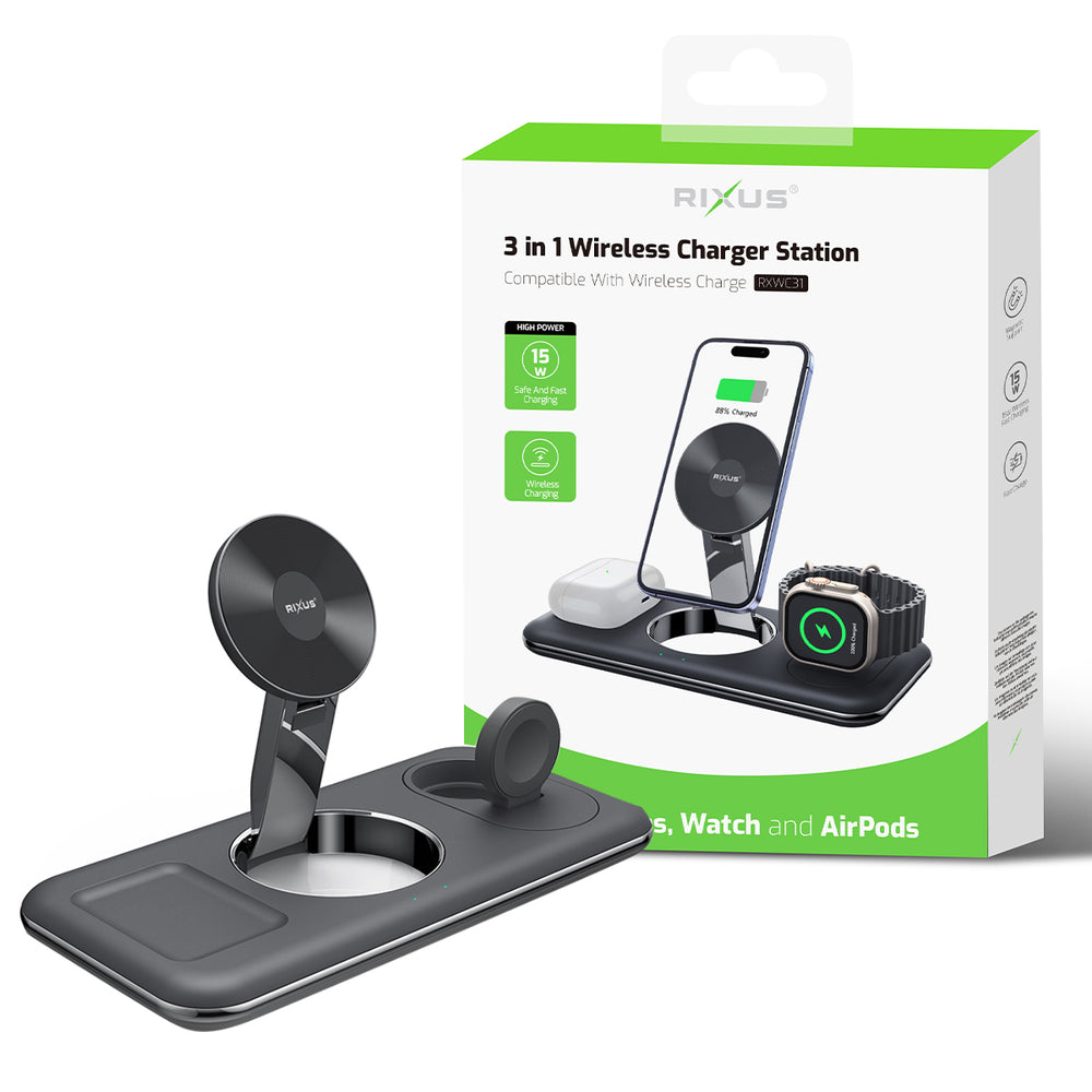 Rixus RXWC31 Carregador Sem Fio 3 em 1 para iPhone, Relógio e AirPods