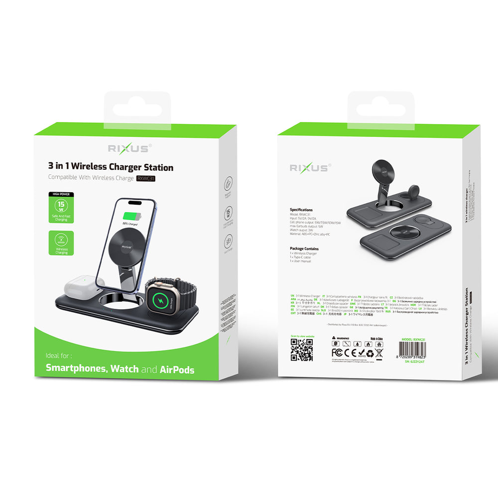 Rixus RXWC31 Carregador Sem Fio 3 em 1 para iPhone, Relógio e AirPods