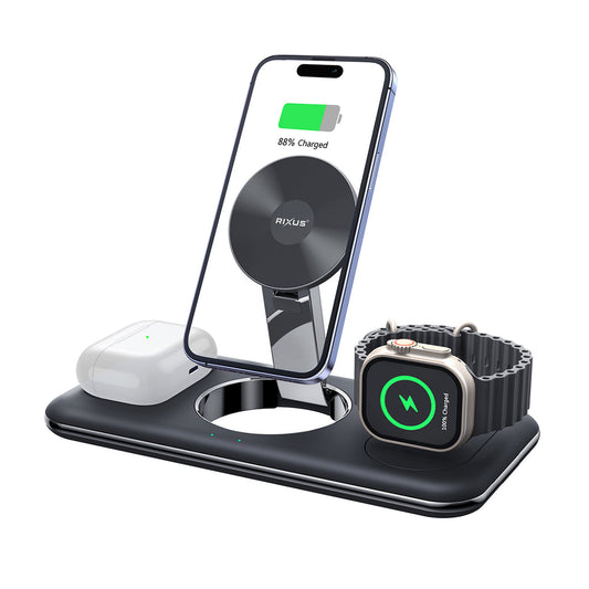 Rixus RXWC31 Carregador Sem Fio 3 em 1 para iPhone, Relógio e AirPods